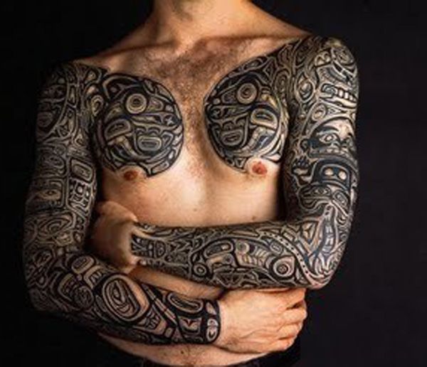 Awesome Hawaiian Tribal Tattoo On Both Full Sleeves And Chest