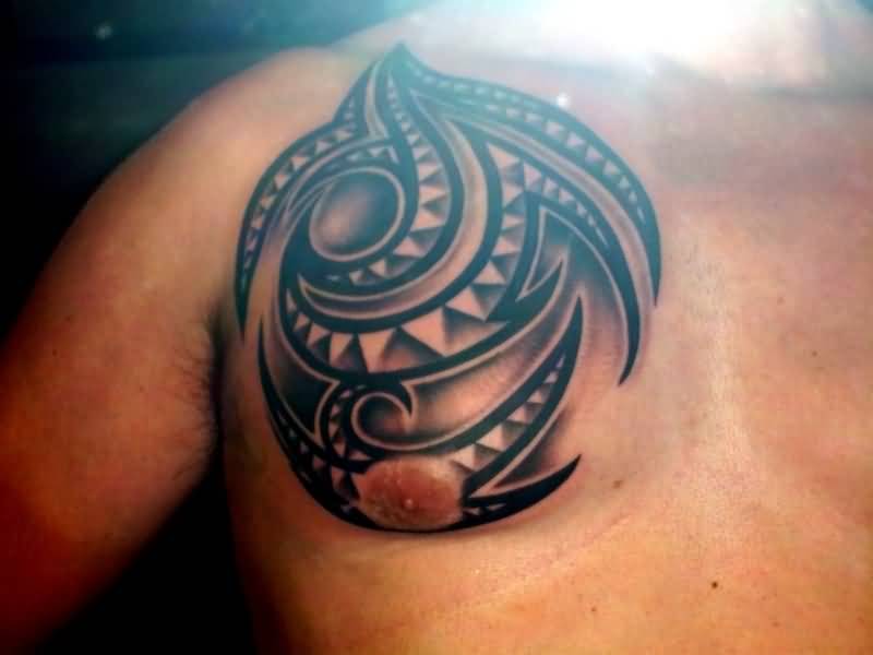 Awesome Hawaiian Tribal Tattoo On Right Chest