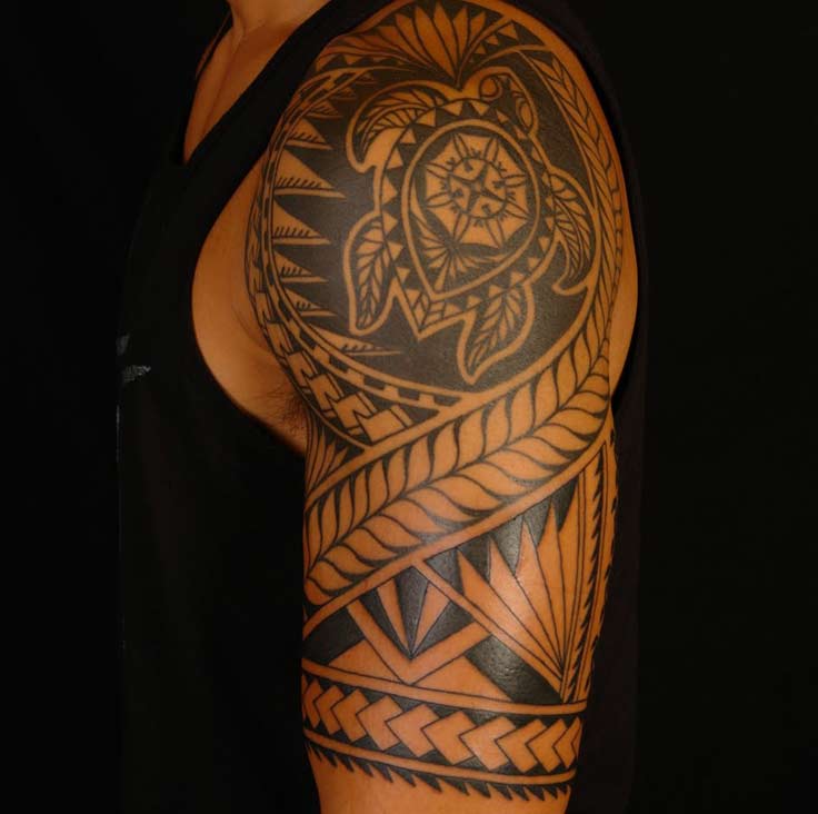 Awesome Hawaiian Tribal Turtle Tattoo On Left Half Sleeve For Men