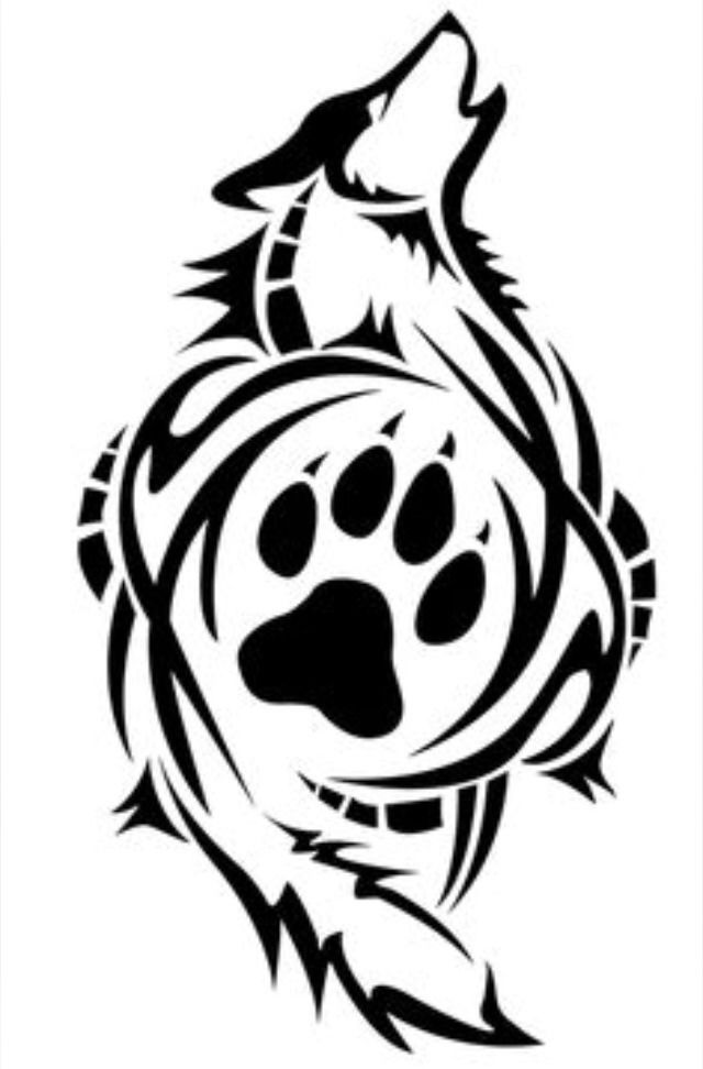 Awesome Howling Tribal Wolf With Paw Print Tattoo Stencil