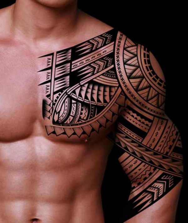 Awesome Maori Tribal Tattoo On Left Half Sleeve And Chest