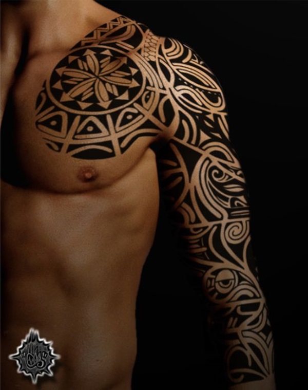 Awesome Maori Tribal Tattoo On Left Sleeve To Chest