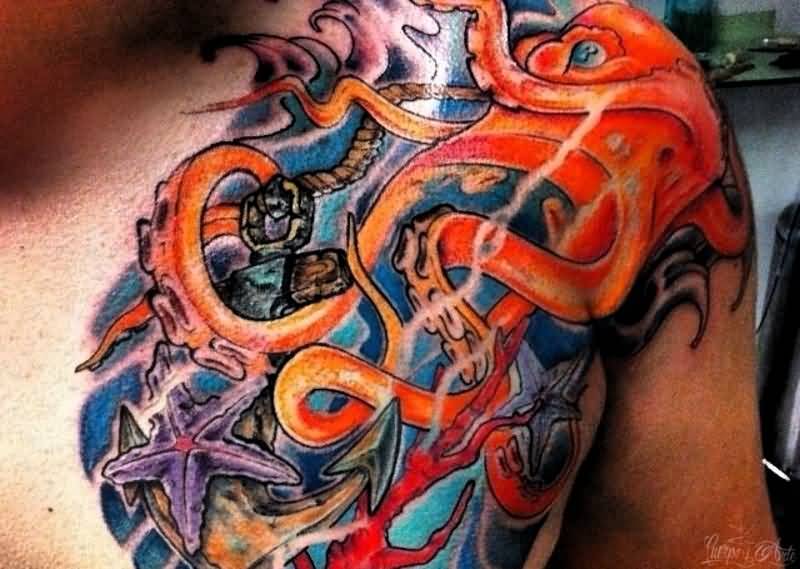 Awesome Red Octopus And Starfish Colorful Tattoo On Left Chest To Shoulder