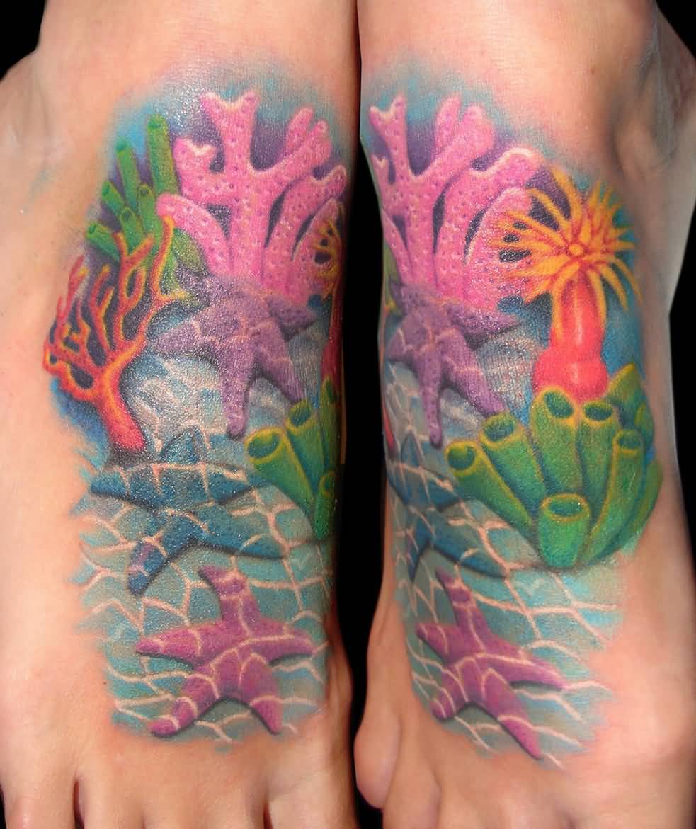 Awesome Starfishes With Flowers Colorful Tattoo On Foot