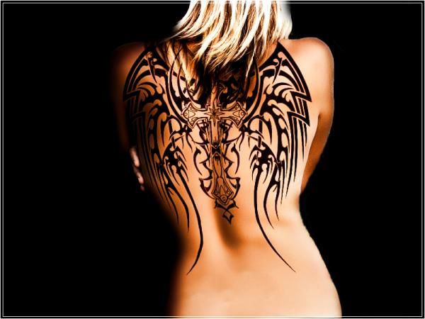 Awesome Tribal Angel Wings With Cross Tattoo