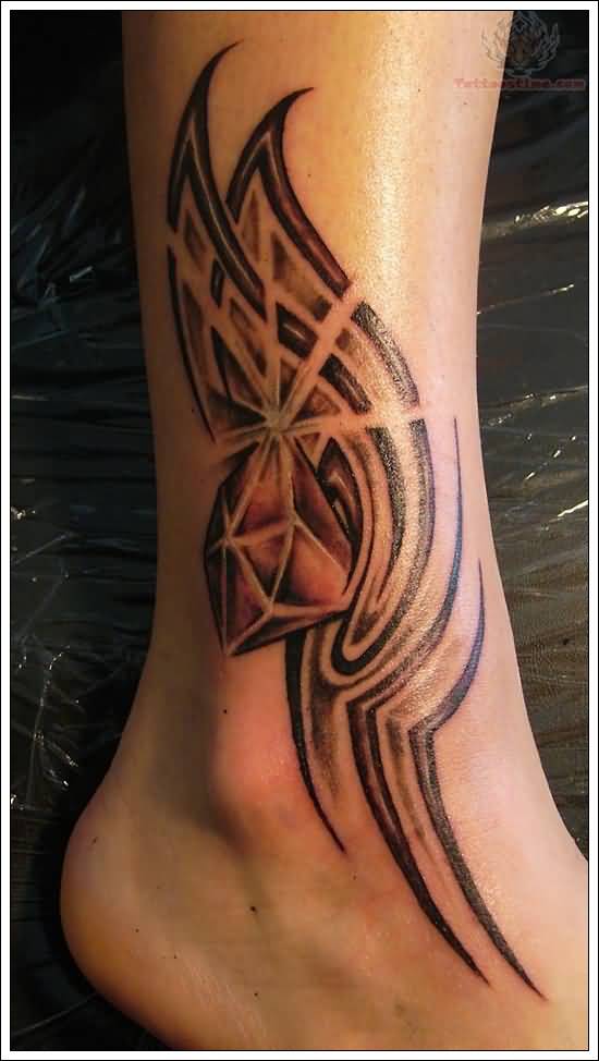 Awesome Tribal Design With Diamond Tattoo On Ankle
