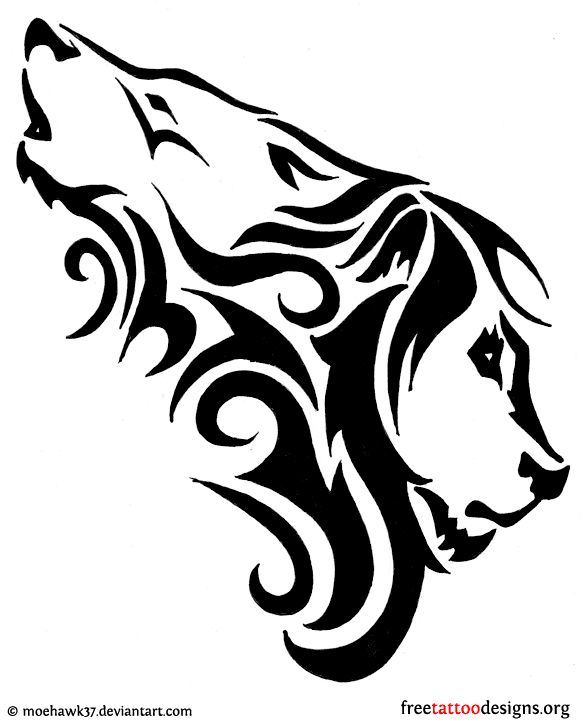 Awesome Tribal Lion And Wolf Heads Tattoo Sample