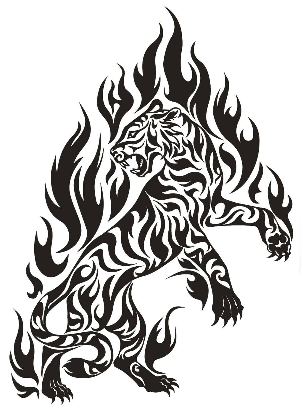 Awesome Tribal Tiger With Flames Tattoo Stencil