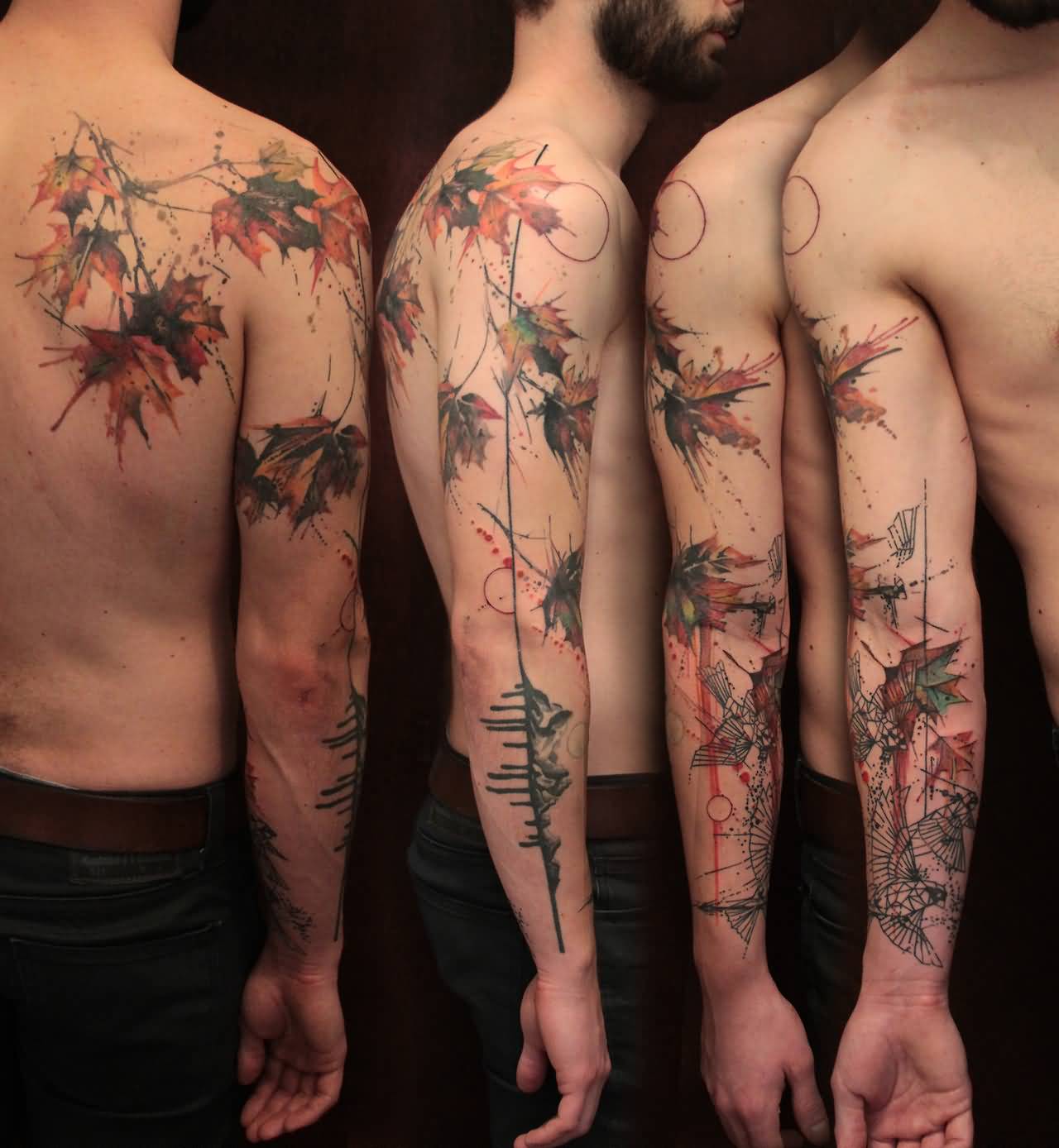 Awesome Watercolor Fall Tattoo On Right Full Sleeve