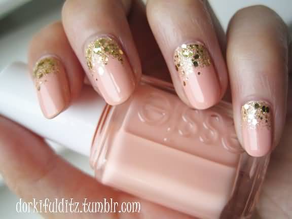 Baby Pink Pastel Nail Art With Gold Glitter Design