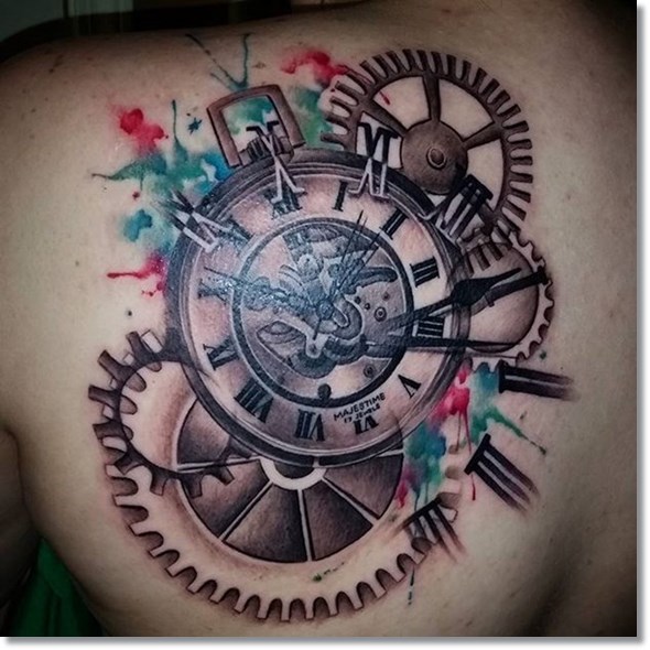 Back Shoulder Grey Ink Steampunk Clock Tattoo