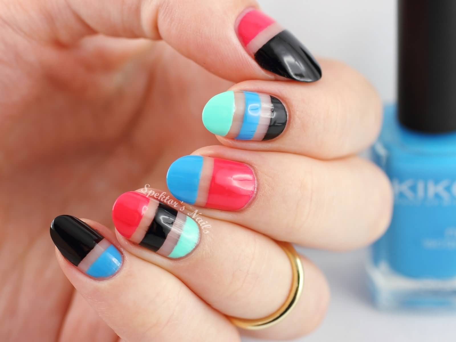 Bare And Multicolored Stripes Nail Art