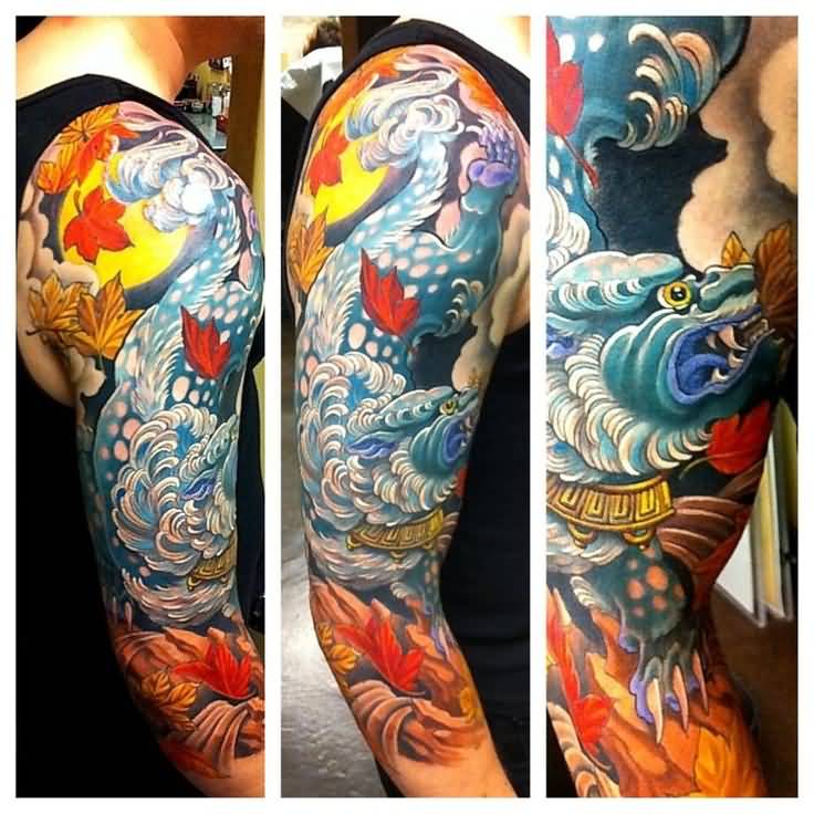 Beautiful And Colorful Foo Dog With Leaves Tattoo On Half Sleeve