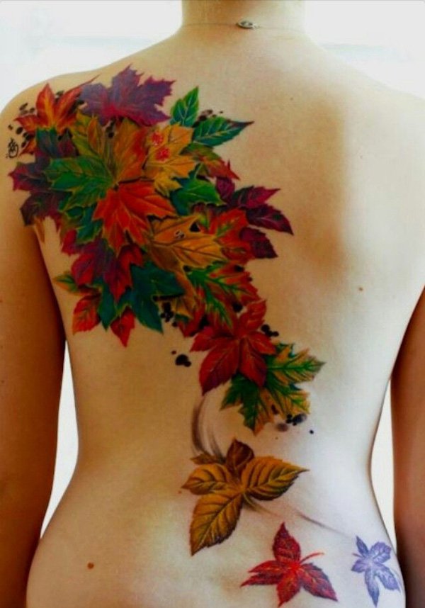 Beautiful And Colorful Tree Leaves Fall Tattoo On Full Back By Jackie Rabbit