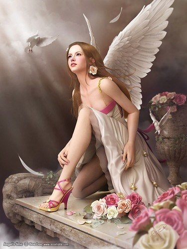 Beautiful Angel Sitting With Flowers And Looking Up