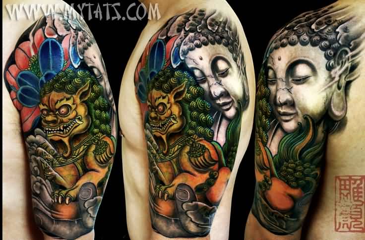 Beautiful Buddha And Foo Dog Colorful Tattoo On Left Half Sleeve