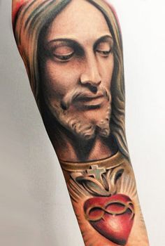 Beautiful Jesus Head Catholic Tattoo On Sleeve