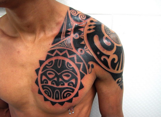 Beautiful Maori Tribal Tattoo On Left Chest And Shoulder
