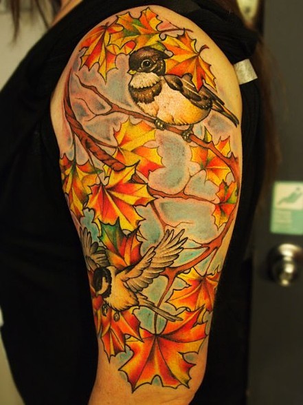 Beautiful Maple Leaves And Birds Fall Tattoo On Left Half Sleeve