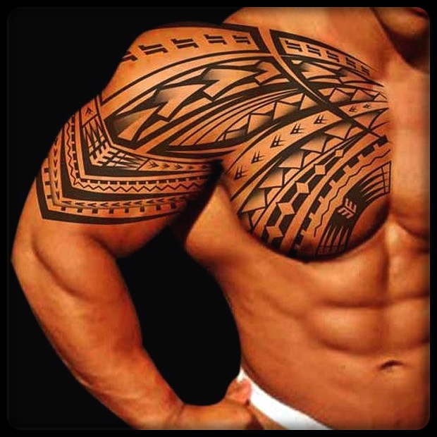 Beautiful Polynesian Tribal Tattoo On Right Chest And Shoulder