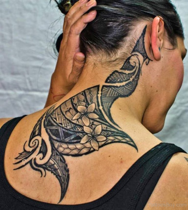 Beautiful Polynesian Tribal Tattoo On Upper Back To Side Ears