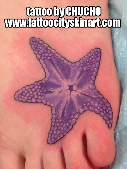 Beautiful Purple Color Starfish Tattoo On Foot By Chucho R