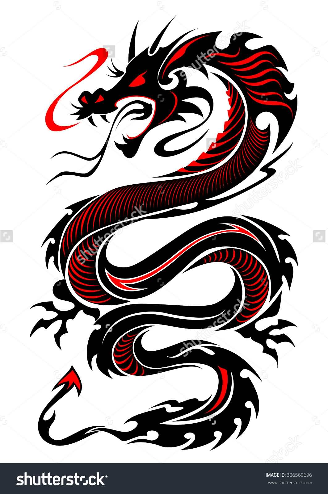 Beautiful Red And Black Color Tribal Dragon Tattoo Design