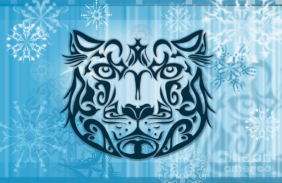 Beautiful Snow Leopard Face With Snowflakes Tattoo Design