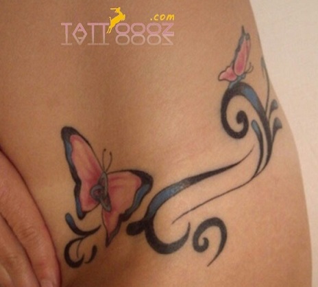 Beautiful Tribal Design With Butterflies Tattoo On Left Hip