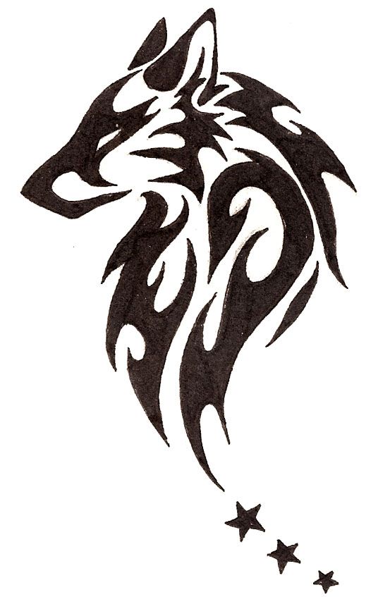 Beautiful Tribal Wolf Head With Stars Tattoo Design