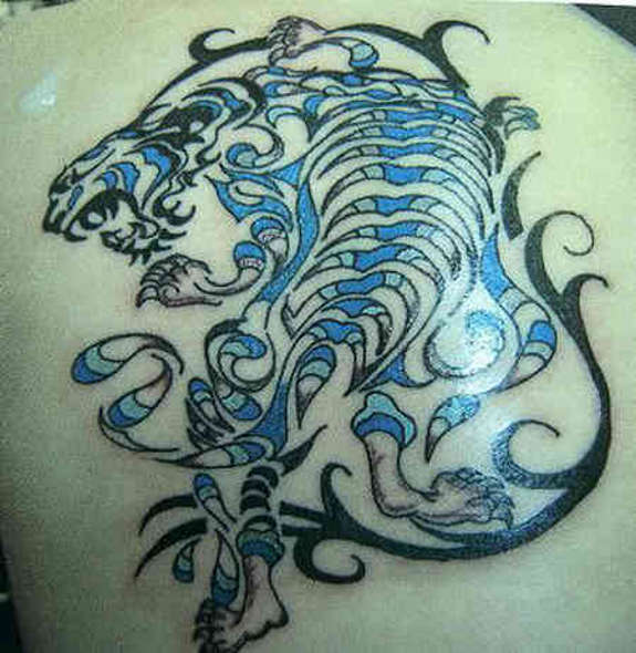 Best Blue And Black Angry Tribal Tiger Tattoo