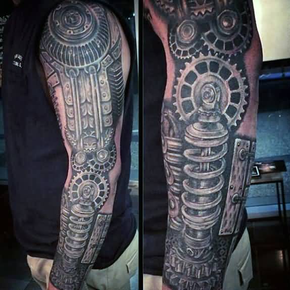 Biomechanical Steampunk Tattoo On Left Sleeve