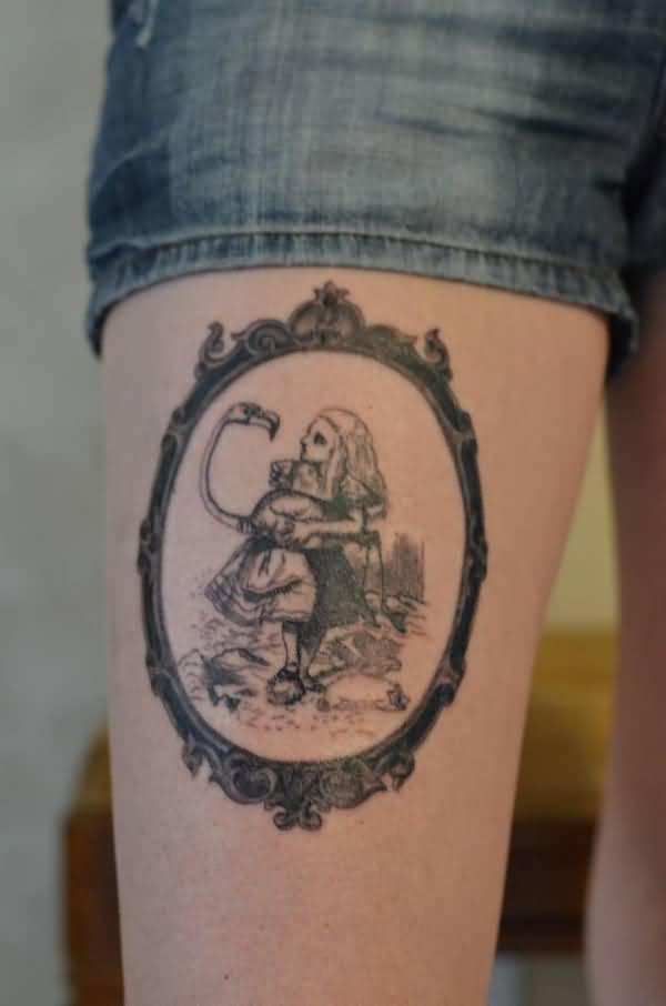 Black And Grey Alice in Wonderland Tattoo On Thigh