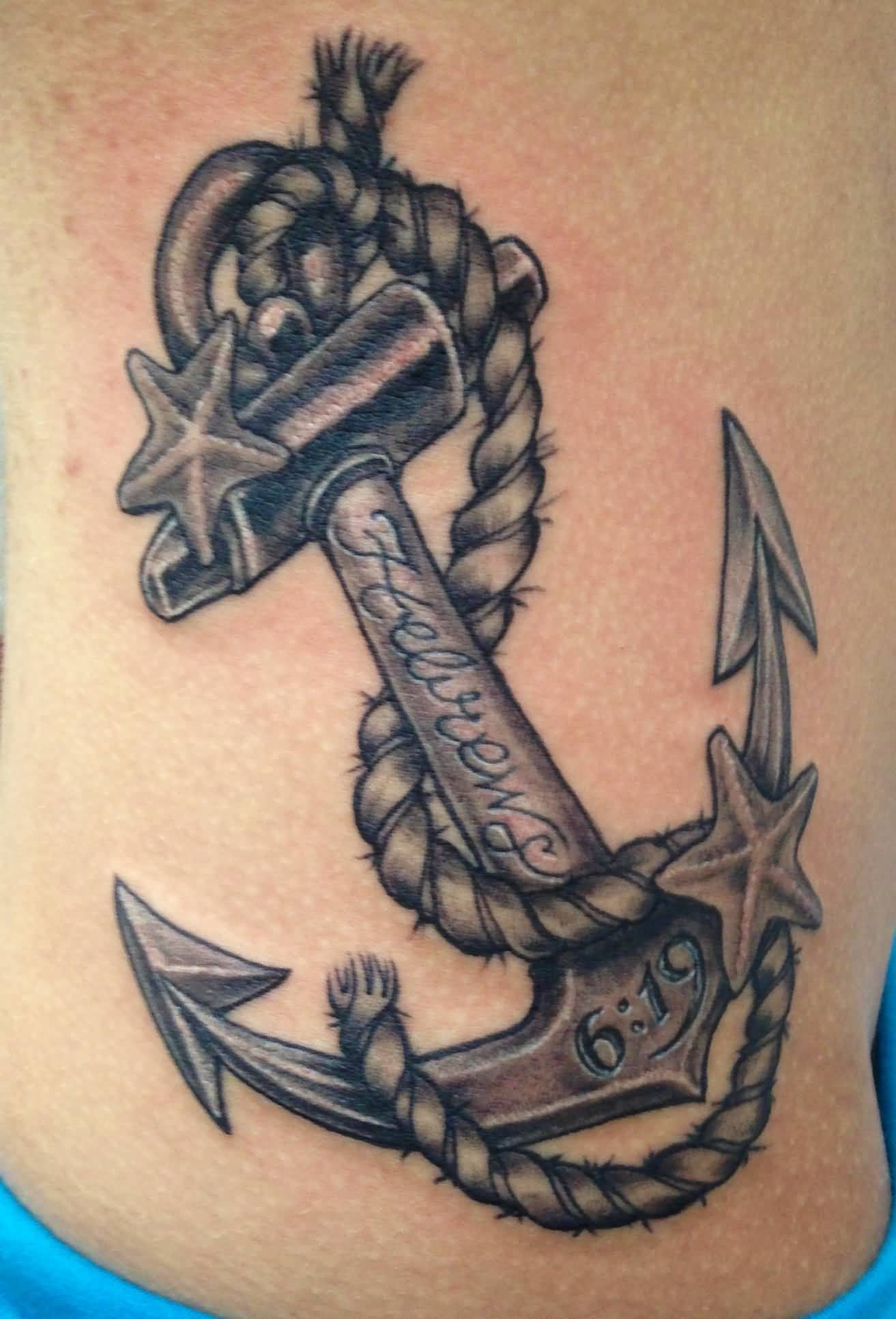 Black And Grey Color Anchor With Starfish And Rope Tattoo