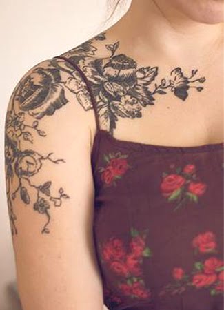 Black And Grey Flowers Clavicle Tattoo For Young Girls