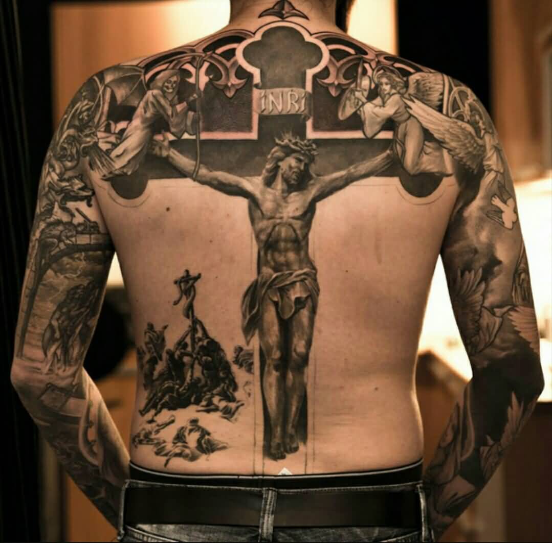Black And Grey Ink Catholic Tattoo On Full Back For Men
