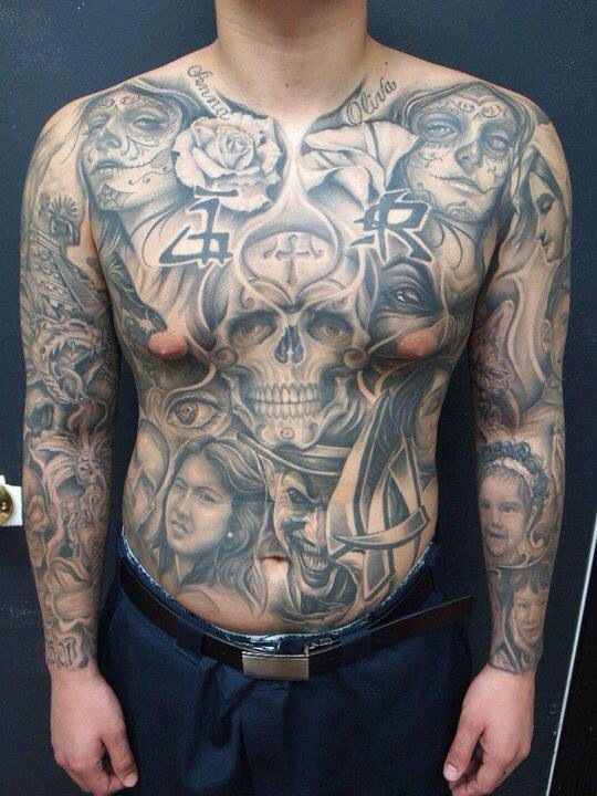 Black And Grey Ink Chicano Tattoo On Full Body