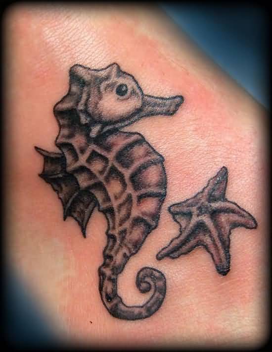 Black And Grey Starfish With Sea horse Tattoo