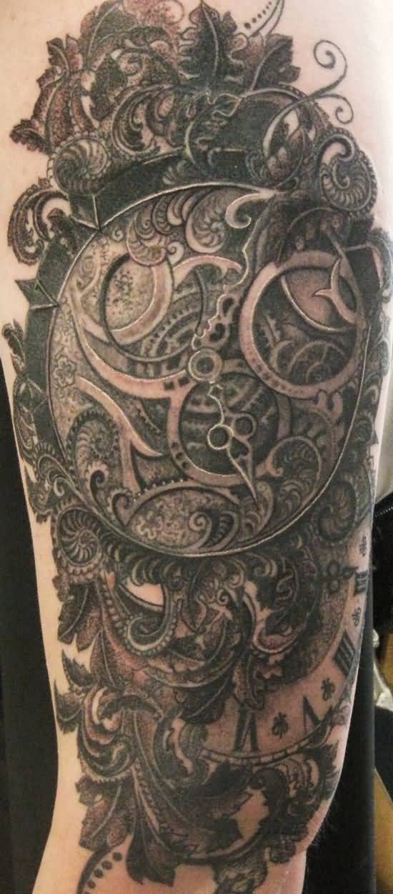 Black And Grey Steampunk Tattoo On Left Sleeve