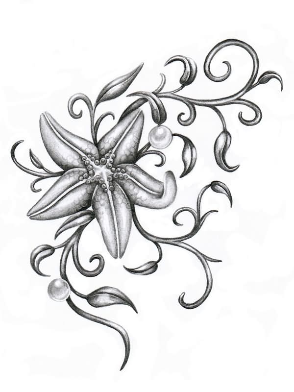 Black And Grey Tribal Starfish Tattoo Design