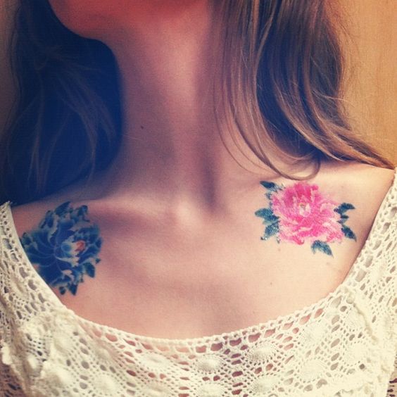 Black And Pink Flowers Clavicle Tattoo