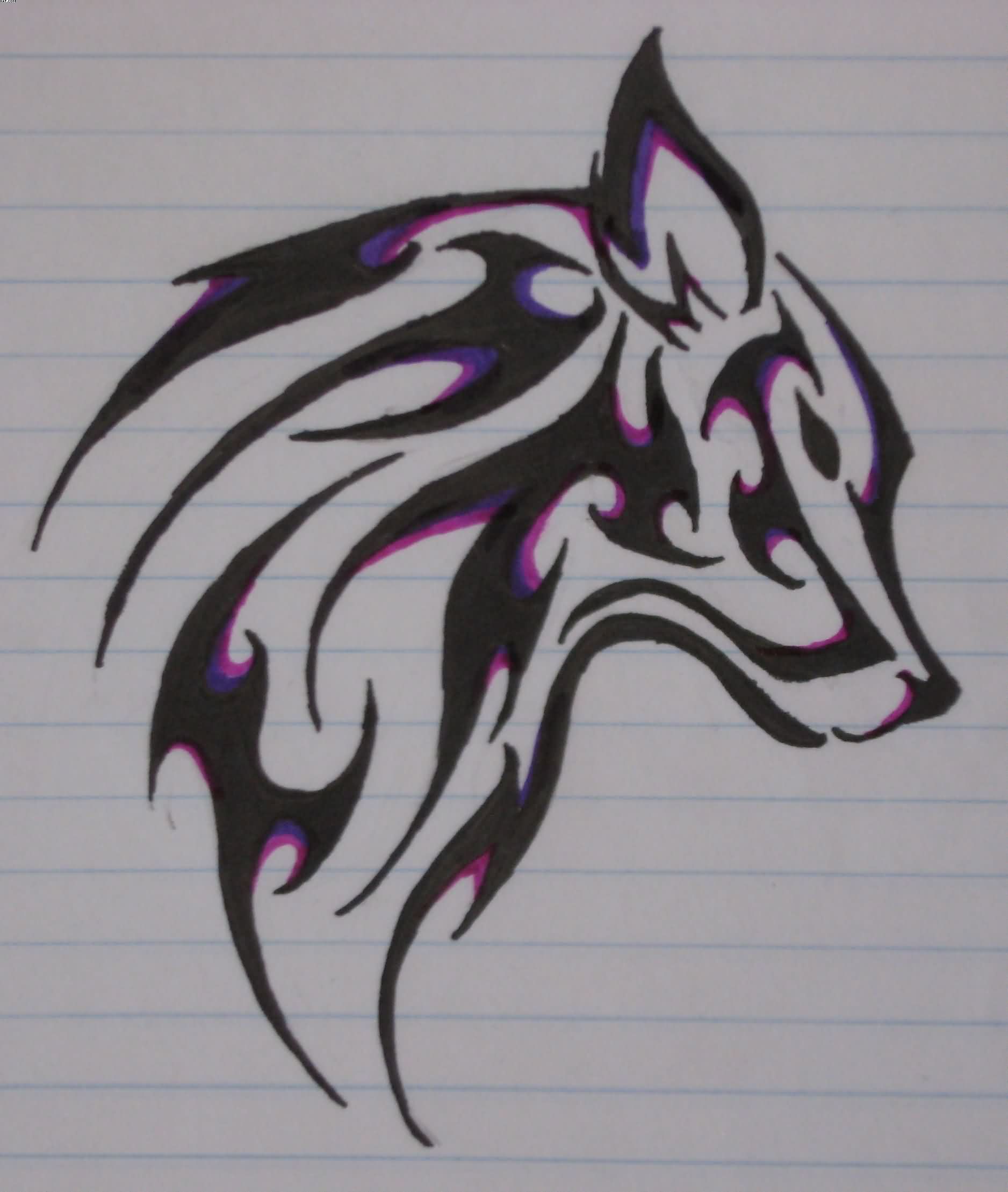 Black And Purple Tribal Wolf Head Tattoo Design