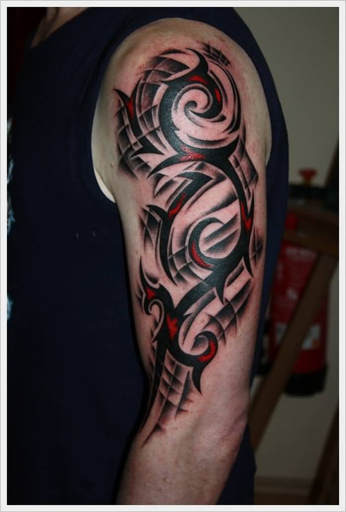 Black And Red Stylish Tribal Design Tattoo On Left Half Sleeve