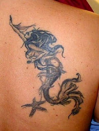 Black And White Mermaid With Starfish Tattoo On Right Upper Back