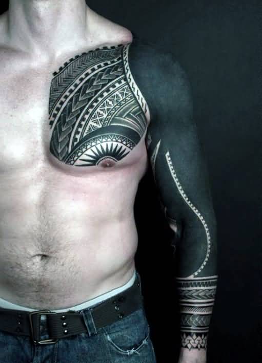 Black And White Polynesian Tribal Tattoo On Chest And Full Sleeve