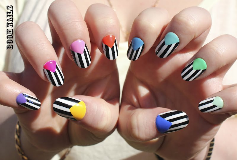 Black And White Stripes Nail Art With Multicolor Chevron Design