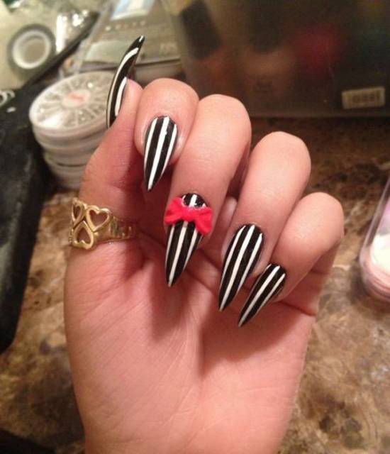 Black And White Stripes Nail Art With Pink 3d Bow Design