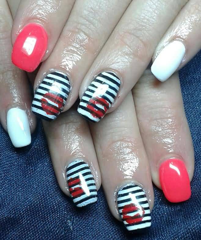 Black And White Stripes Nail Art With Red Lipstick Marks