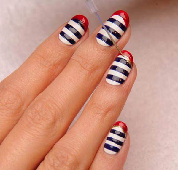 Black And White Stripes Nail Art With Red Tip Design Idea