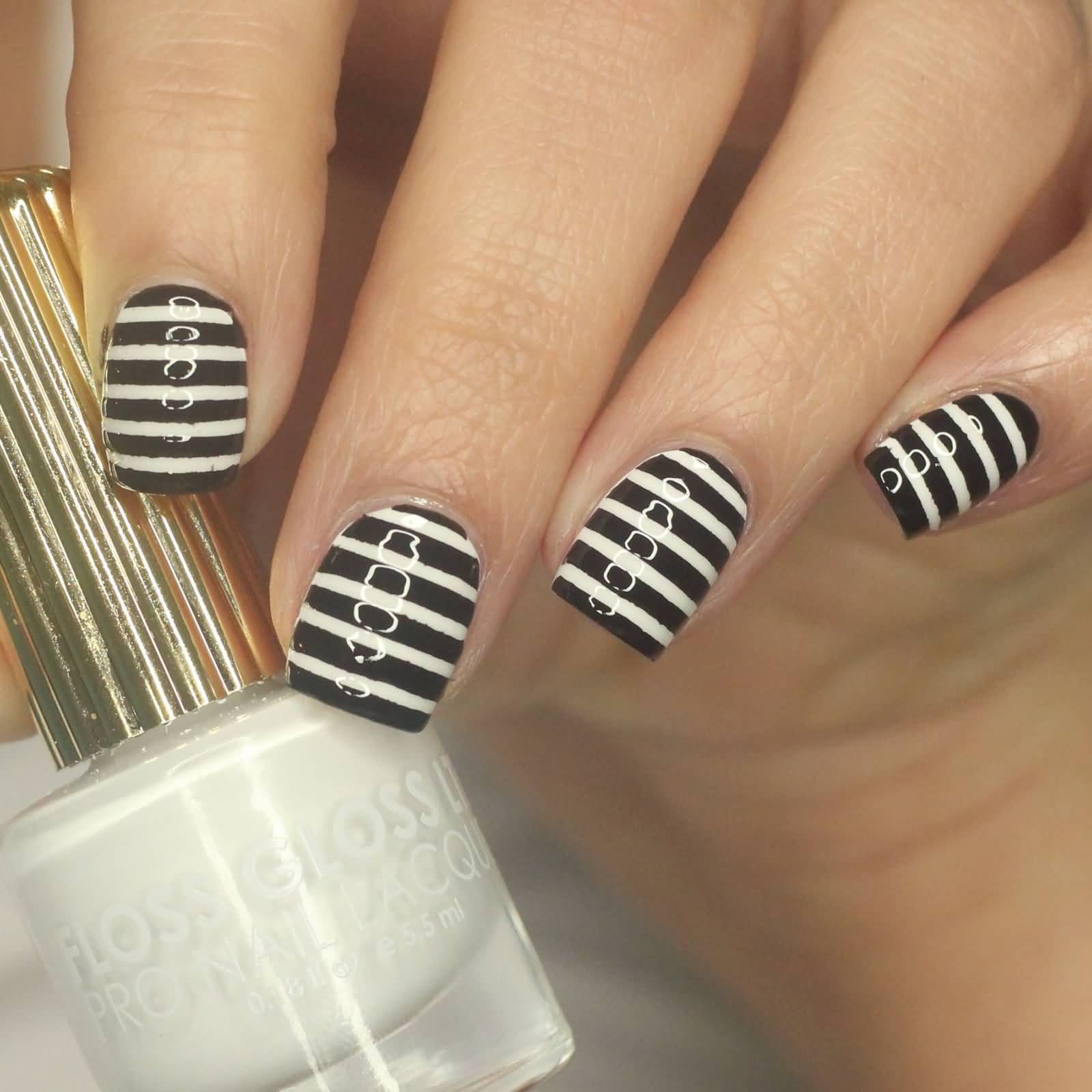 Black And White Stripes With Polka Dots Nail Art Design